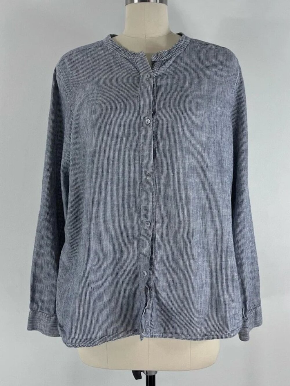 EILEEN FISHER Striped Chambray Shirt Hemp & Organic Cotton Size Large Coastal